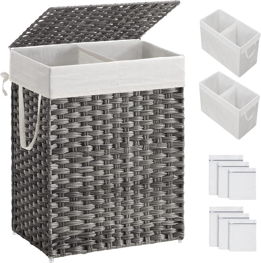 SONGMICS Laundry Hamper with Lid, 90L Clothes Hamper with 2 Removable Liner Bags, 6 Mesh Bags, Wicker Laundry Basket, Double Laundry Hamper for Bathroom, 13 x 18.1 x 23.6 Inches, Gray ULCB251G01V1