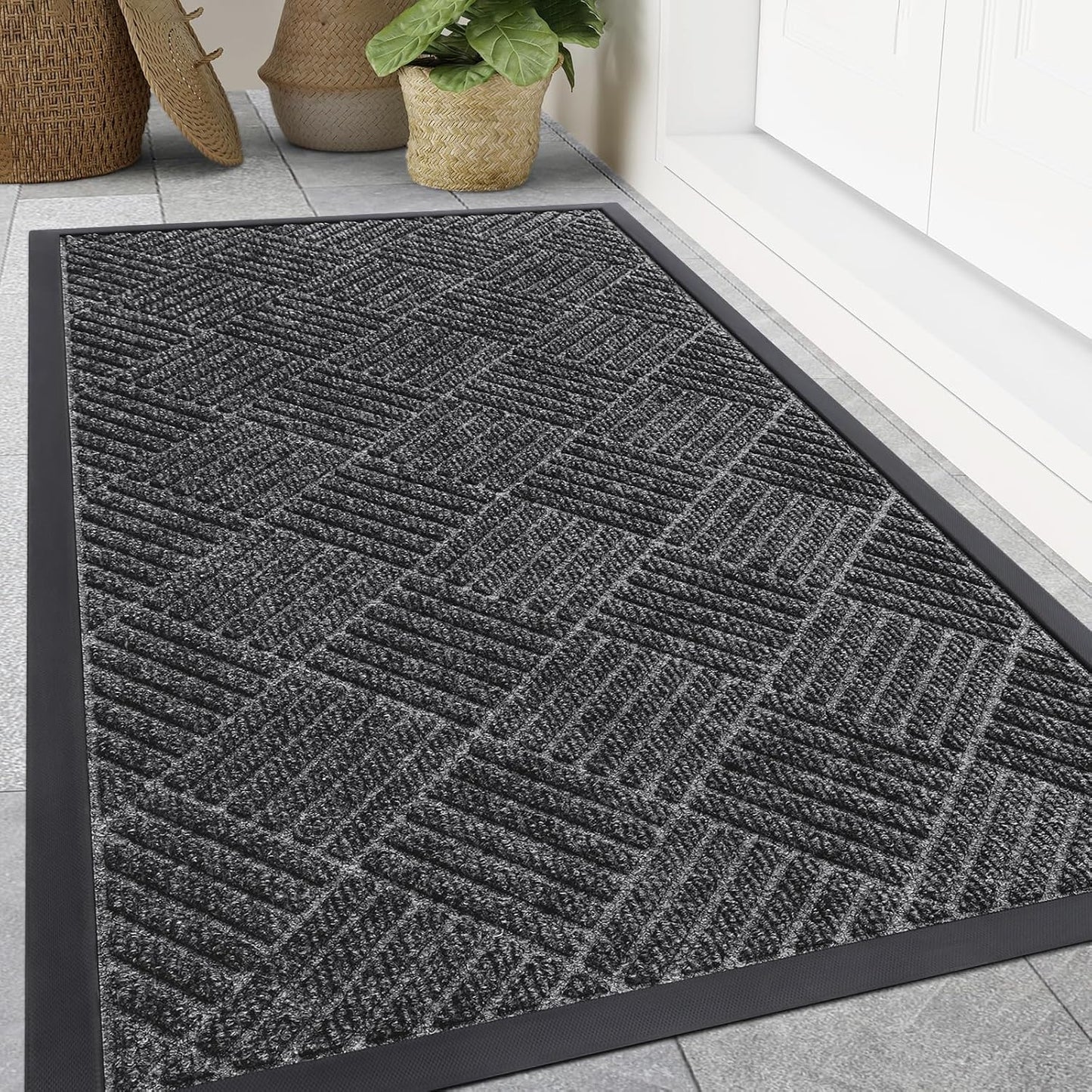 Smiry Front Door Mat Outside Entrance, Heavy Duty Outdoor Indoor Mat, Natural Rubber Doormat, Non Slip, Trap Dirt and Moisture, Easy Clean, Low Profile Patio Porch Entryway Mat, 59x35, Light Grey