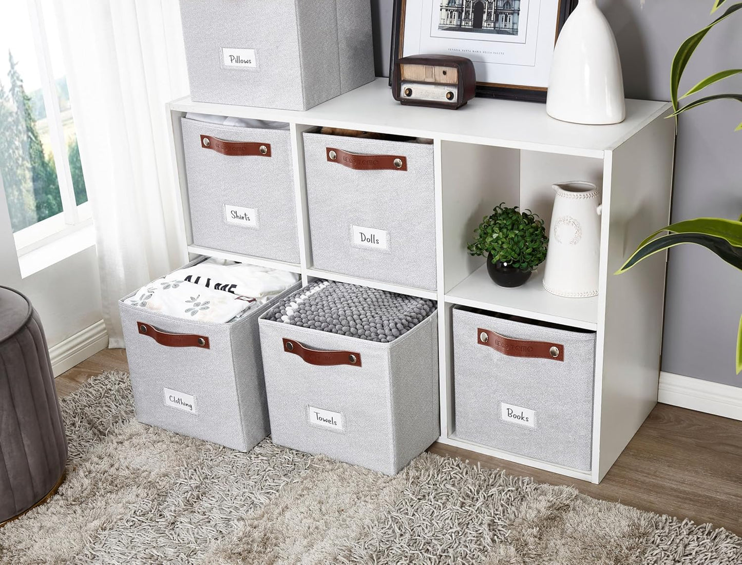 DECOMOMO Storage Bins, Cube Storage Bin with Labels, Fabric Storage Cubes for Shelves (11" / 6pcs, Light Texture Grey)
