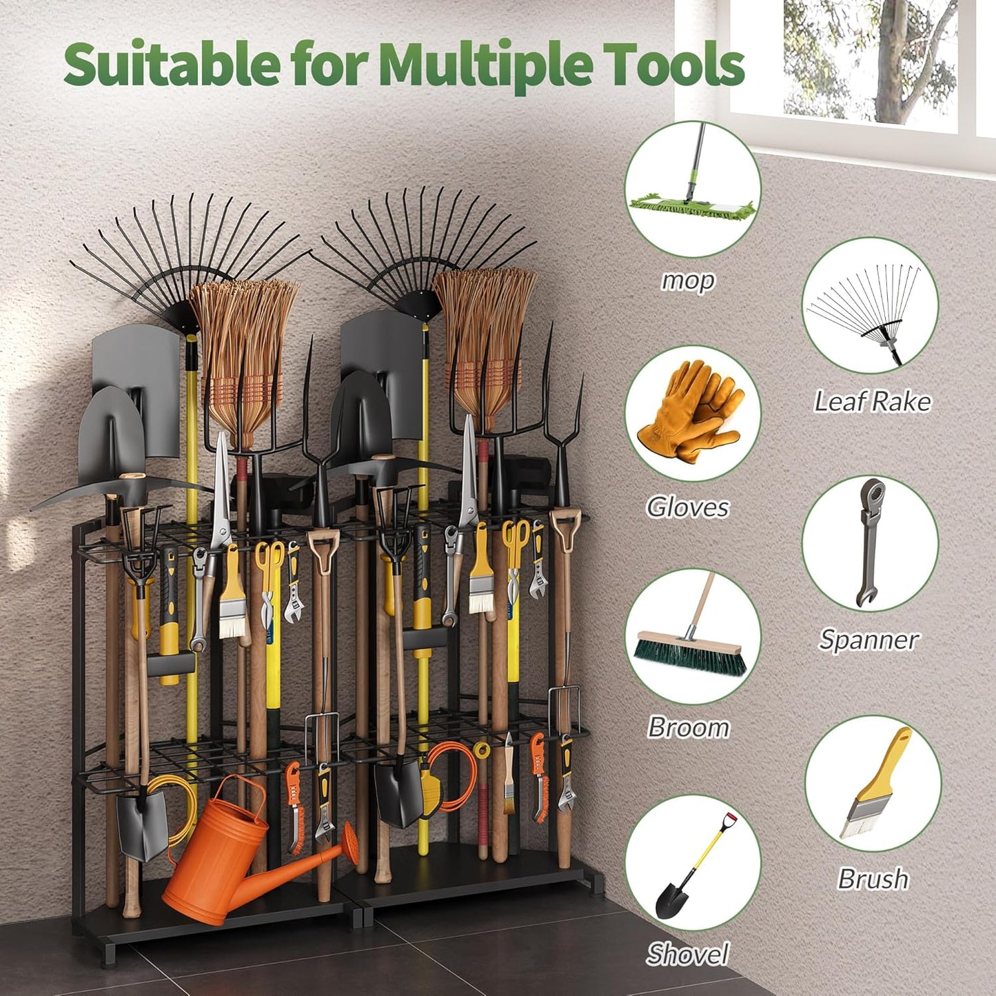 Garden Tool Organizer for Corner - Heavy Duty Metal Rack with 34 Storage Compartments & 14 Hooks for Shovels, Rakes, Long-Handled Tools, Ideal for Garden, Shed, Garage Storage