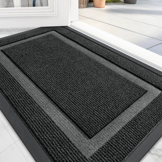 OLANLY Front Door Mat Indoor Outdoor Entrance, Waterproof All-Season, All-Weather Doormat, Sturdy Natural Rubber, Fade Resistant, Low Profile, Easy Clean Patio Porch Entryway Mat, 59x30, Black