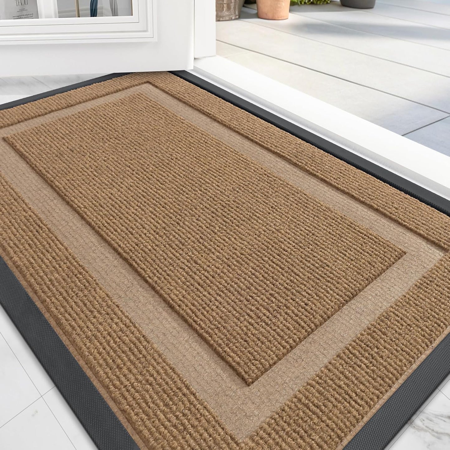 OLANLY Front Door Mat Indoor Outdoor Entrance, Waterproof All-Season, All-Weather Doormat, Sturdy Natural Rubber, Fade Resistant, Low Profile, Easy Clean Patio Porch Entryway Mat, 59x20, Light Brown