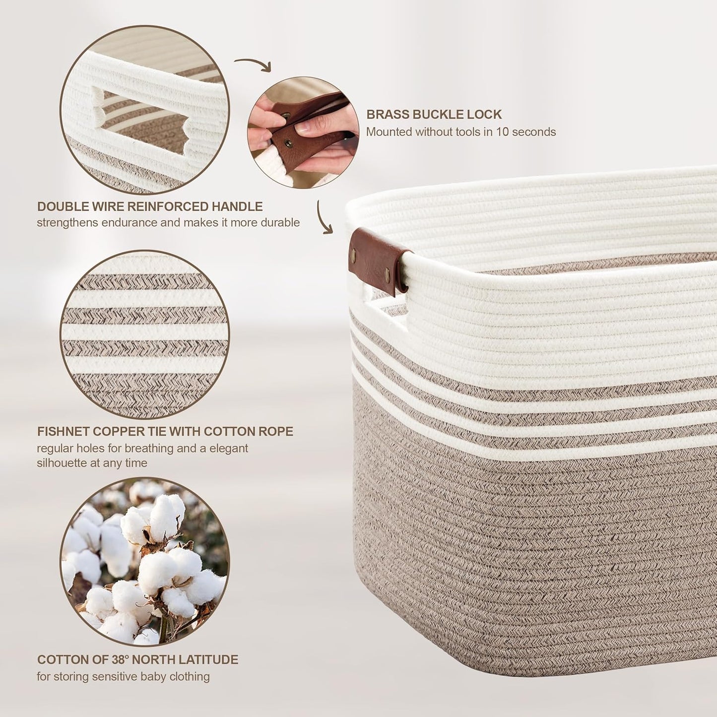 86L Extra Large Laundry Basket with Leather Handles for Living Room Storage, Woven Rope Baskets for Blanket, Kids Toy, Gifts, Wicker Hamper for Bedroom Dirty Clothes, 24"x16"x14" White Brown
