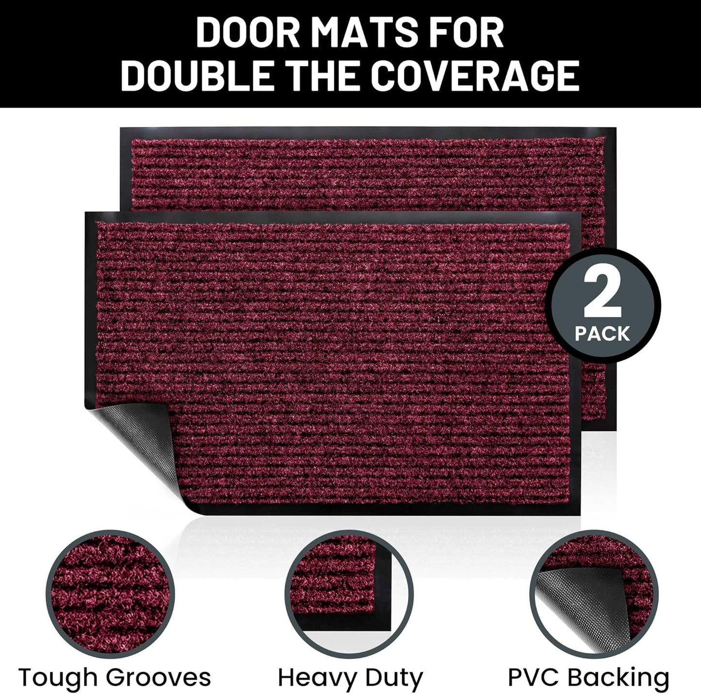 Sierra Concepts Front Door Mat Welcome Floor Mats - Entryway Indoor Outdoor Entrance Doormat, Patio, Porch, Muddy Shoe, Inside Outside Low Profile, 30x17 inches, 2-Pack Red