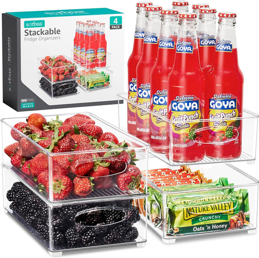 Sorbus Stackable Refrigerator Organizer Bins - Clear Storage Bins for Kitchen Pantry, Freezer & Fridge Organization - Food Organizing Plastic Containers with Handles for Countertops & Drawers (4 Pack)