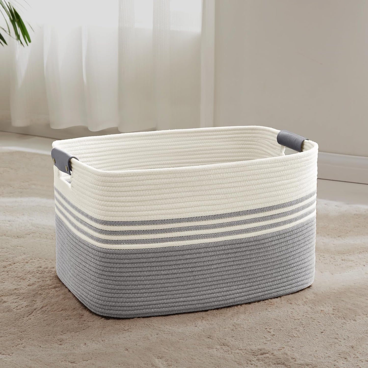 60L Large Laundry Basket with Leather Handles for Living Room Storage, Woven Rope Baskets Bin for Blanket, Kids Toy, Gifts, Wicker Hamper for Bedroom Dirty Clothes, 21"x15"x11" White Grey