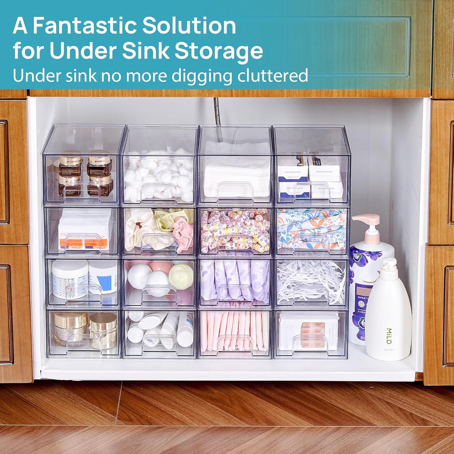 Vtopmart 8 Pack Clear Small Stackable Storage Drawers,Acrylic Bathroom Makeup Organizer,Plastic Storage Bins For Vanity, Undersink, Kitchen Cabinets, Pantry, Home Organization