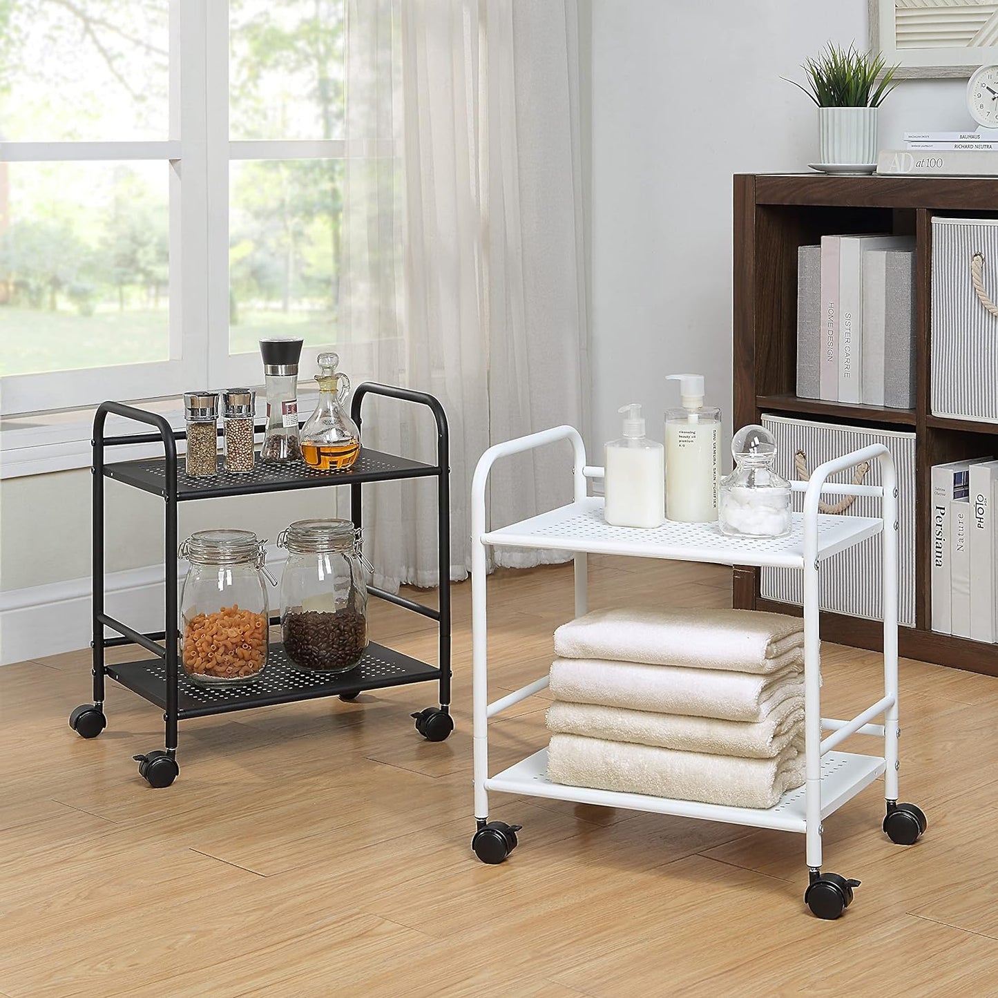 SunnyPoint 2-Tier Metal Rolling Utility Cart – Mobile Storage Shelf with Caster Wheels – Small Space Organizer for Home, Office, Bedroom, Kitchen (BLK)