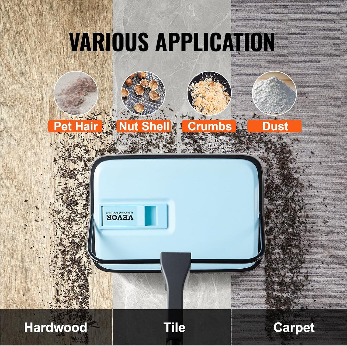 VEVOR Carpet Sweeper Manual, Floor Sweeper with 300 ml Dustbin Capacity Easy to Empty, 6.7 inch Cleaning Width for Home Office Carpets Pet Hair Dust, Blue