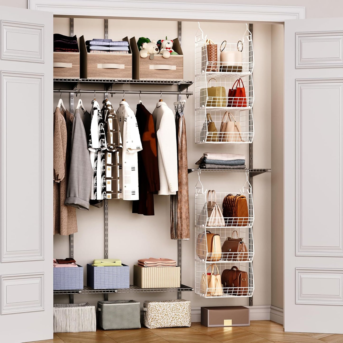 X-cosrack 3 Tier Foldable Closet Organizer, Clothes Shelves with 5 S Hooks, Wall Mount&Cabinet Wire Storage Basket Bins, for Clothing Sweaters Shoes Handbags Clutches Accessories-White Patent Design
