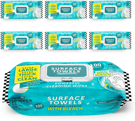 6 Packs Surface Wipes with Bleach, Thick & Large Dispose, All-Purpose Cleaner for Bathroom, Kitchen, Office, 600 Count Soft Flow, Biodegradable, Fresh Scent