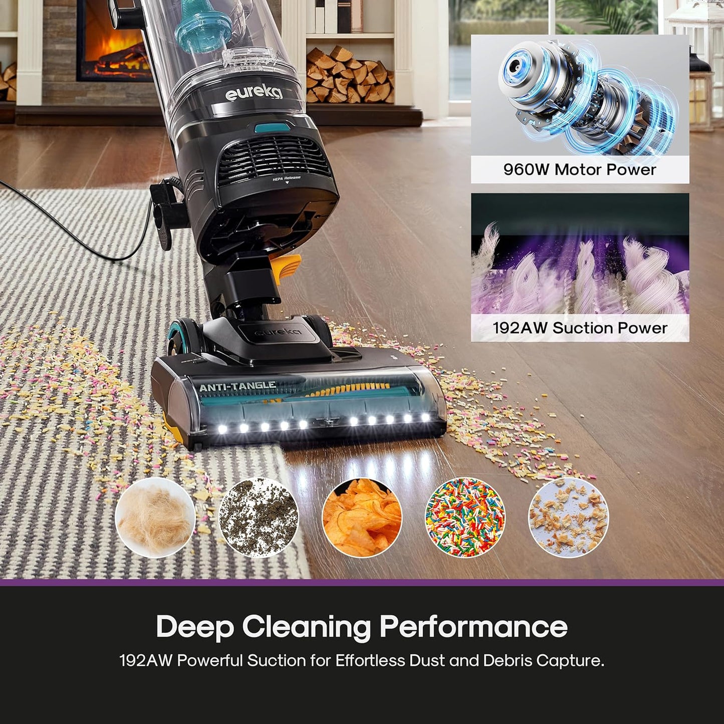 Eureka FlexReach Plus Bagless Upright Vacuum Cleaner for Home,Pet Vacuum for Carpet and Hard Floor, Lift-Up Vacuum with Flooring Type Sensor, HEPA Filter,Anti-Tangle, NEU652, Green