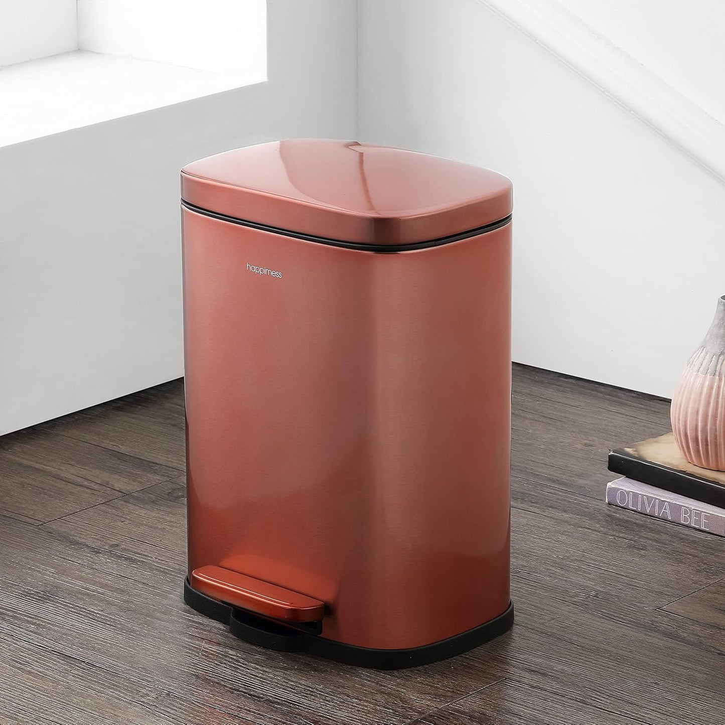 happimess HPM1006D Connor Rectangular Trash Can with Soft-Close Lid and Free Mini Trash Can, Modern Fingerprint Proof for Home, Kitchen, Office, Large:12.98 Gallon Small:1.3 Gallon, Rose Gold