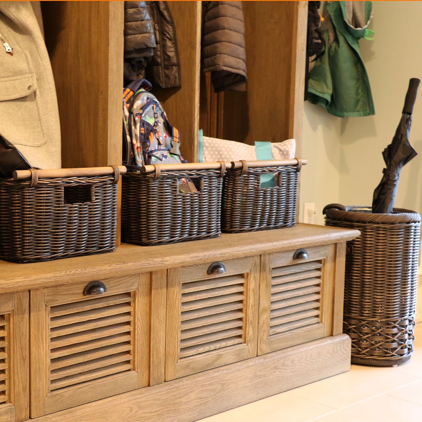 The Basket Lady Deep Pole Handle Wicker Storage Basket, Large, 15 in L x 15.5 in W x 9.5 in H, Antique Walnut Brown