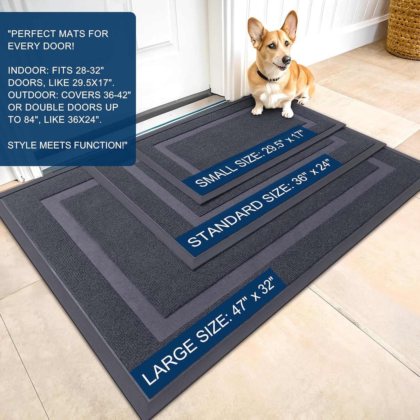 OLANLY Front Door Mat Indoor Outdoor Entrance, Waterproof All-Season, All-Weather Doormat, Sturdy Natural Rubber, Fade Resistant, Low Profile, Easy Clean Patio Porch Entryway Mat, 47x32, Light Grey