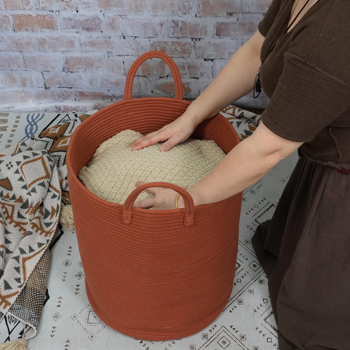 Cotton Rope Laundry Basket Hamper for Clothes Woven Storage Basket for Living Room Bedroom Boho Tall Rope Baskets for Blanket Toys Pillow Towels Baby Nursery Hamper Bin Large rust red