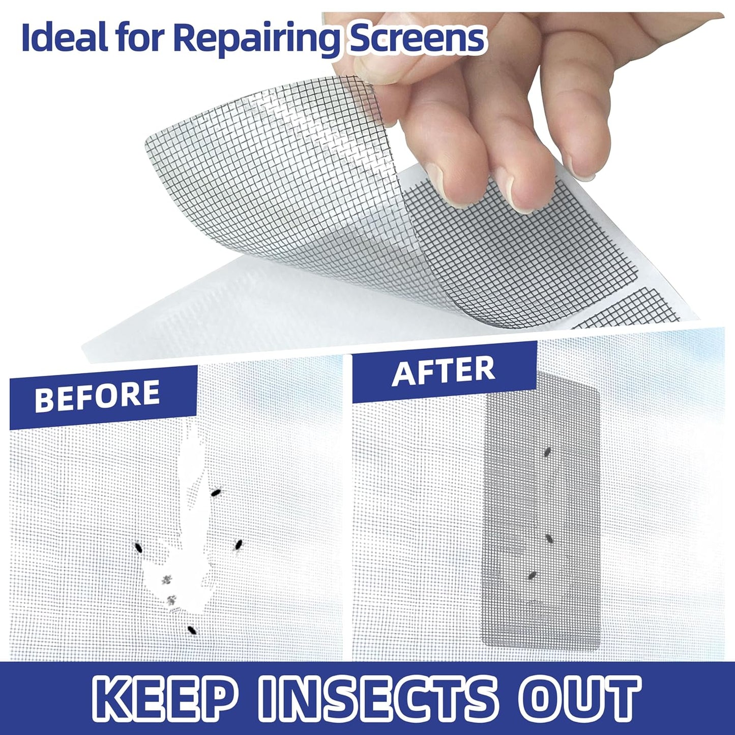 KING MOUNTAIN 20 Sheets Black Window Screen Repair Patches,4×4 in Window Screen Repair Kit for Window Screen and Screen Door Tears Holes, Strong Adhesive Screen Tape Mesh Repair,Quick & Waterproof