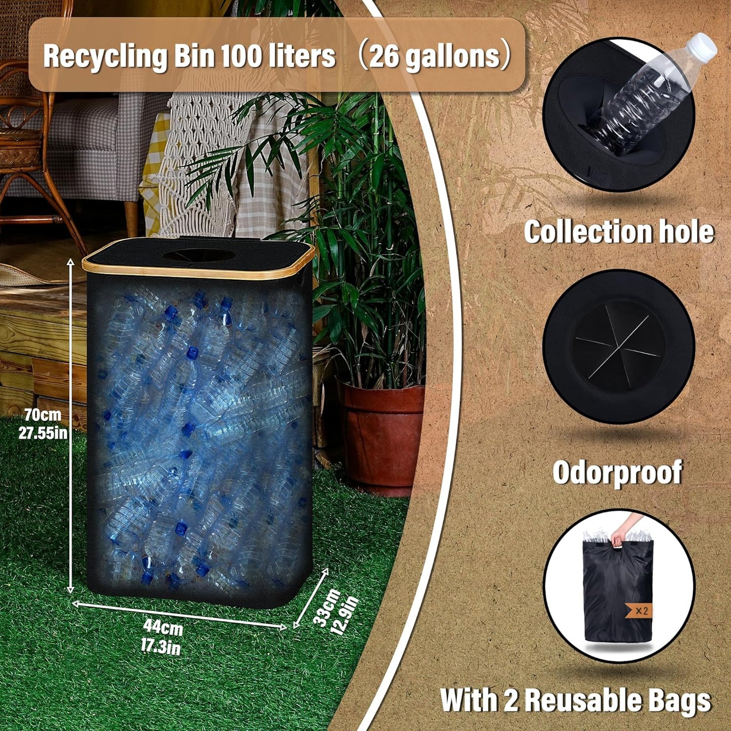 efluky Recycling Bin for Kitchen 26 Gallon, 100L Recycle Bin with 2 Removeable and Reusable Inner Bag, Large Recycling bin with lid for Bottle Can Plastice Stickers (Black)