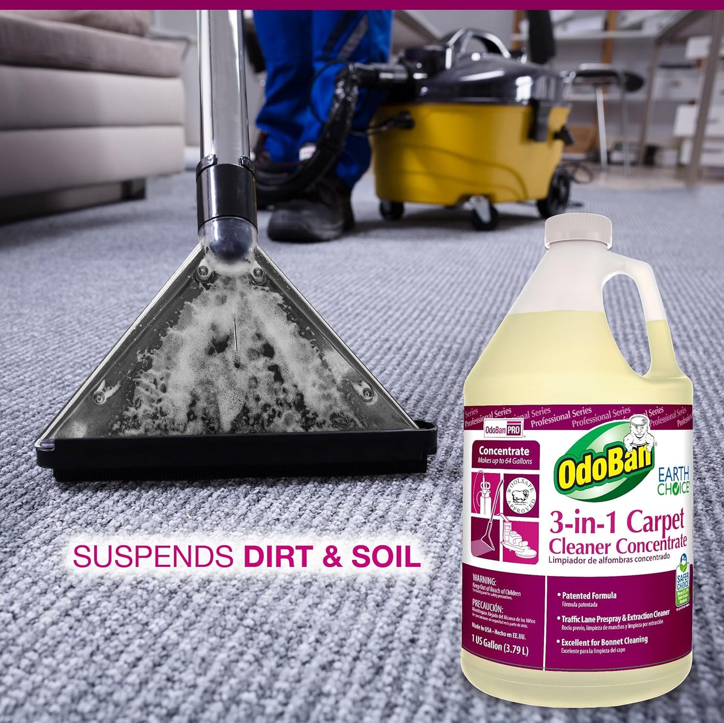 OdoBan Professional Series Cleaning 3-in-1 Carpet Cleaner Concentrate, Made in the USA, Set of 4, 1 Gallon Each