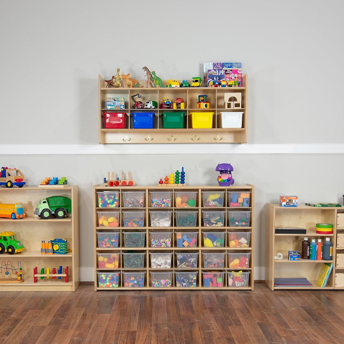 Wood Designs Cubby Storage Bin, Heavy Duty Plastic Containers for Kids Translucent Clear Cubby Tray Set of 30