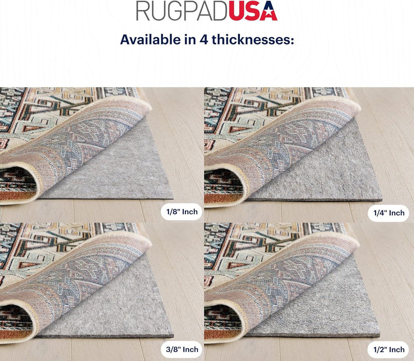 RUGPADUSA - Dual Surface - 8' Square - 3/8" Thick - Felt + Rubber - Enhanced Non-Slip Rug Pad - Adds Comfort and Protection - for Hard Surface Floors