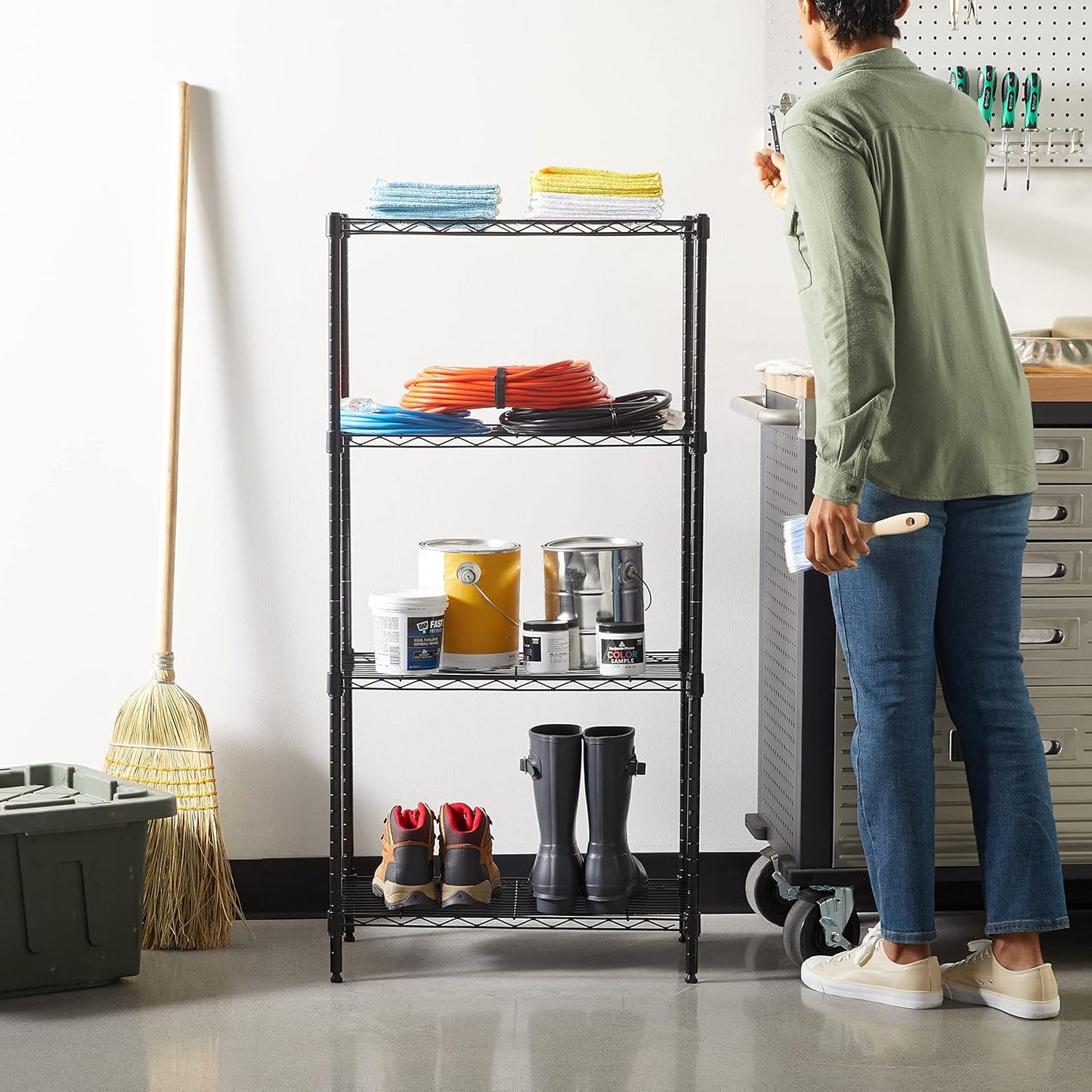 Amazon Basics 4-Shelf Steel Wire Storage Rack, Adjustable, Sturdy, Easy Assembly, 13.4 D x 23.2 W x 48 H in, Black