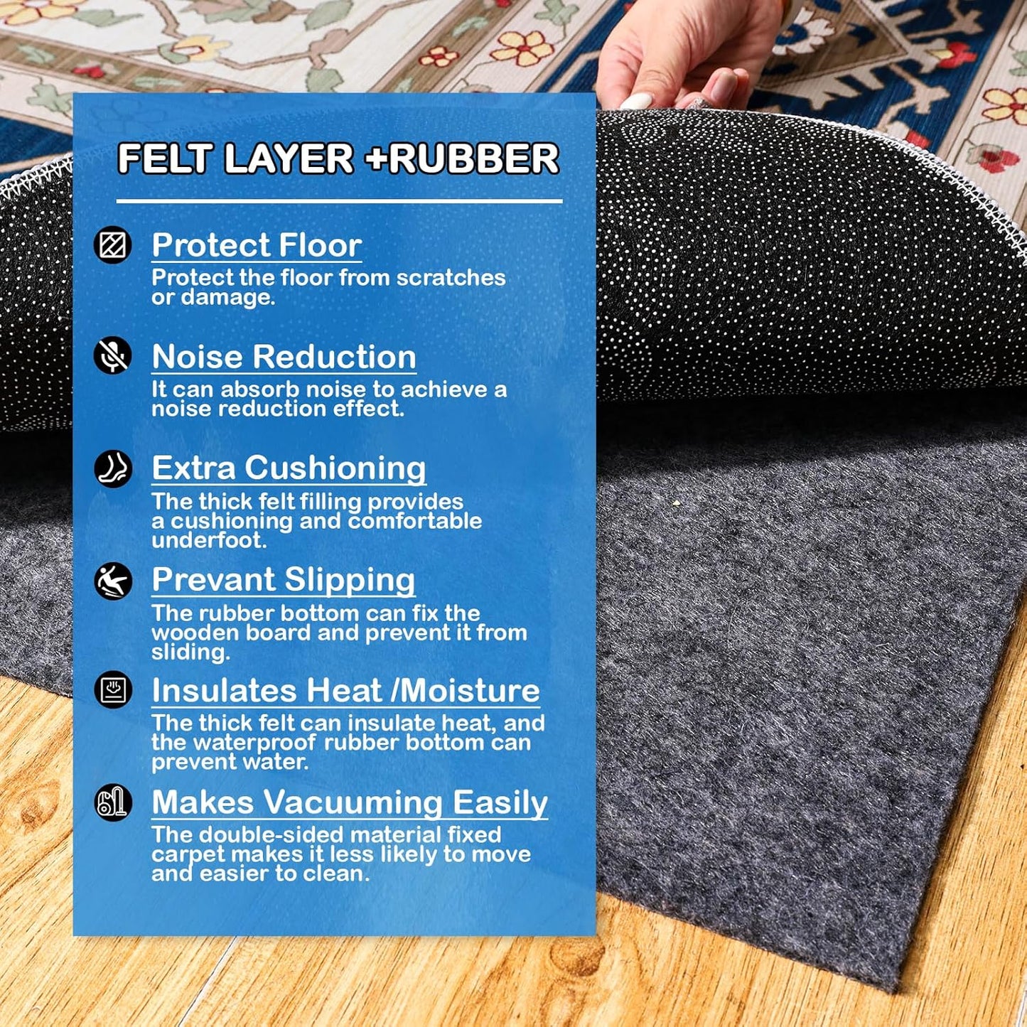 Non-Slip Rug Pads 2 x 3 ft, 100% Waterproof Extra Large Area Rugs Non Skid Rug Pad for All Floors and Finishes Durable Hardwood Floor Protective Felt Keeps Rugs in Place, Safe and Secure