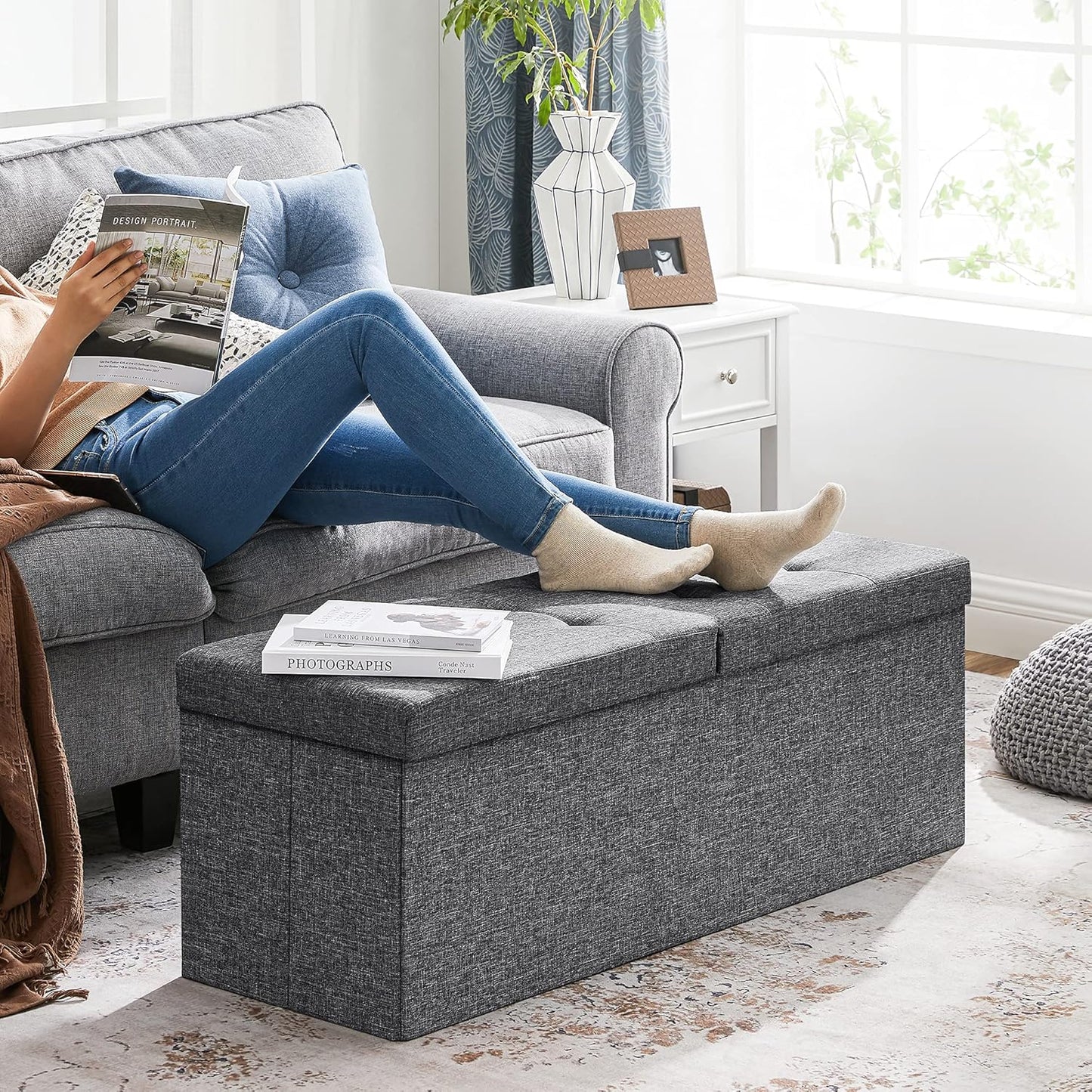 SONGMICS MAZIE Collection - 43 Inches Storage Ottoman, Foldable Storage Bench with Flipping Lid, 660 lb Load Capacity, for Entryway, Living Room, Bedroom, Dark Gray ULSF76GYZ
