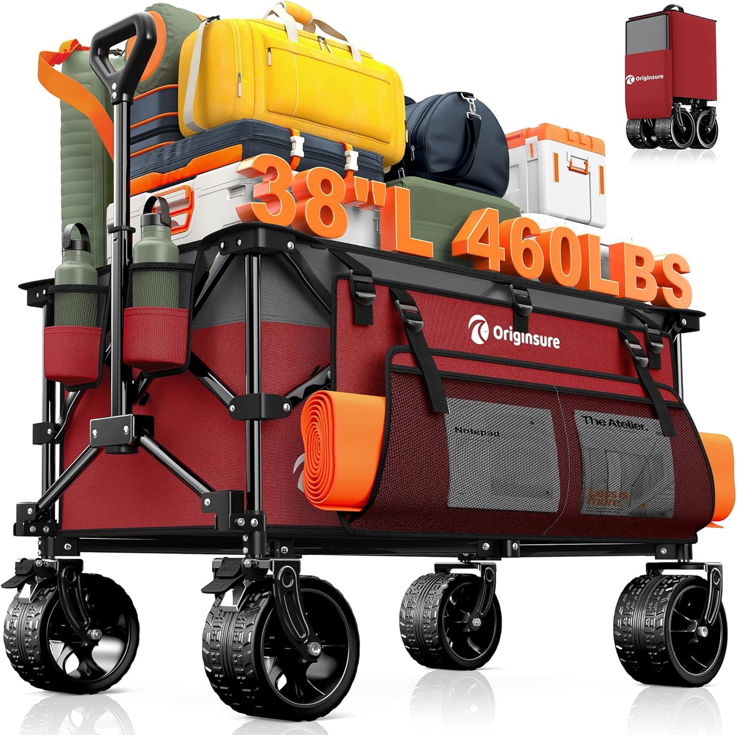 220L Collapsible Wagon Cart Foldable, 460lbs Load Capacity Heavy Duty Folding Beach Wagons with Big All-Terrain Wheels, Utility Carts for Groceries, Camping, Sports - Grey&Burgundy