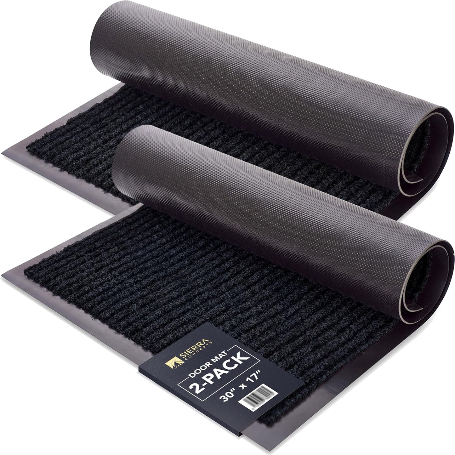 Sierra Concepts 2-Pack Front Door Mat Ribbed Black - Indoor Outdoor Floor Doormat Entryway Welcome Mats - Entrance Shoe Scraper, Entry Inside Outside Garage, 30" x 17"