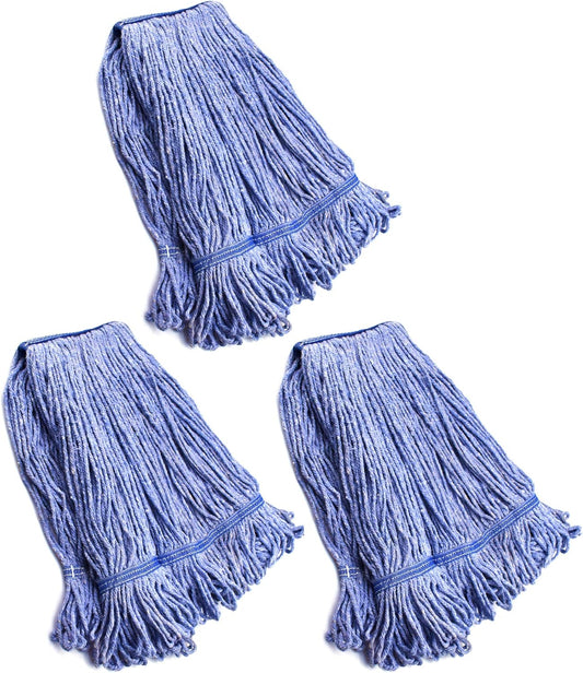 String Mop Heads Replacement Heavy Duty Commercial Grade Blue Cotton Looped End Wet Industrial Cleaning Mop Head Refills (3, Medium)