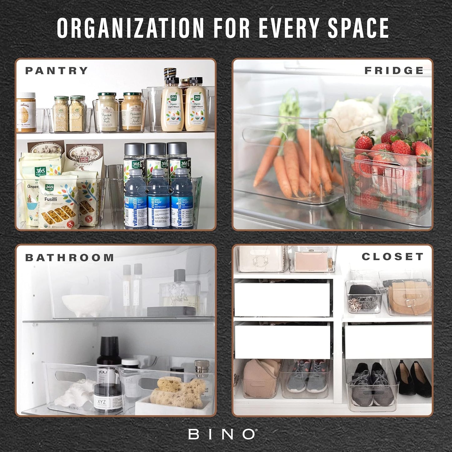 BINO | Plastic Storage Bins, Large - 2 Pack, Clear | THE SOHO COLLECTION | Pantry Organizers and Storage Containers | Fridge Organizer Bins | Kitchen Cabinet Organizer | Medicine Cabinet Bin