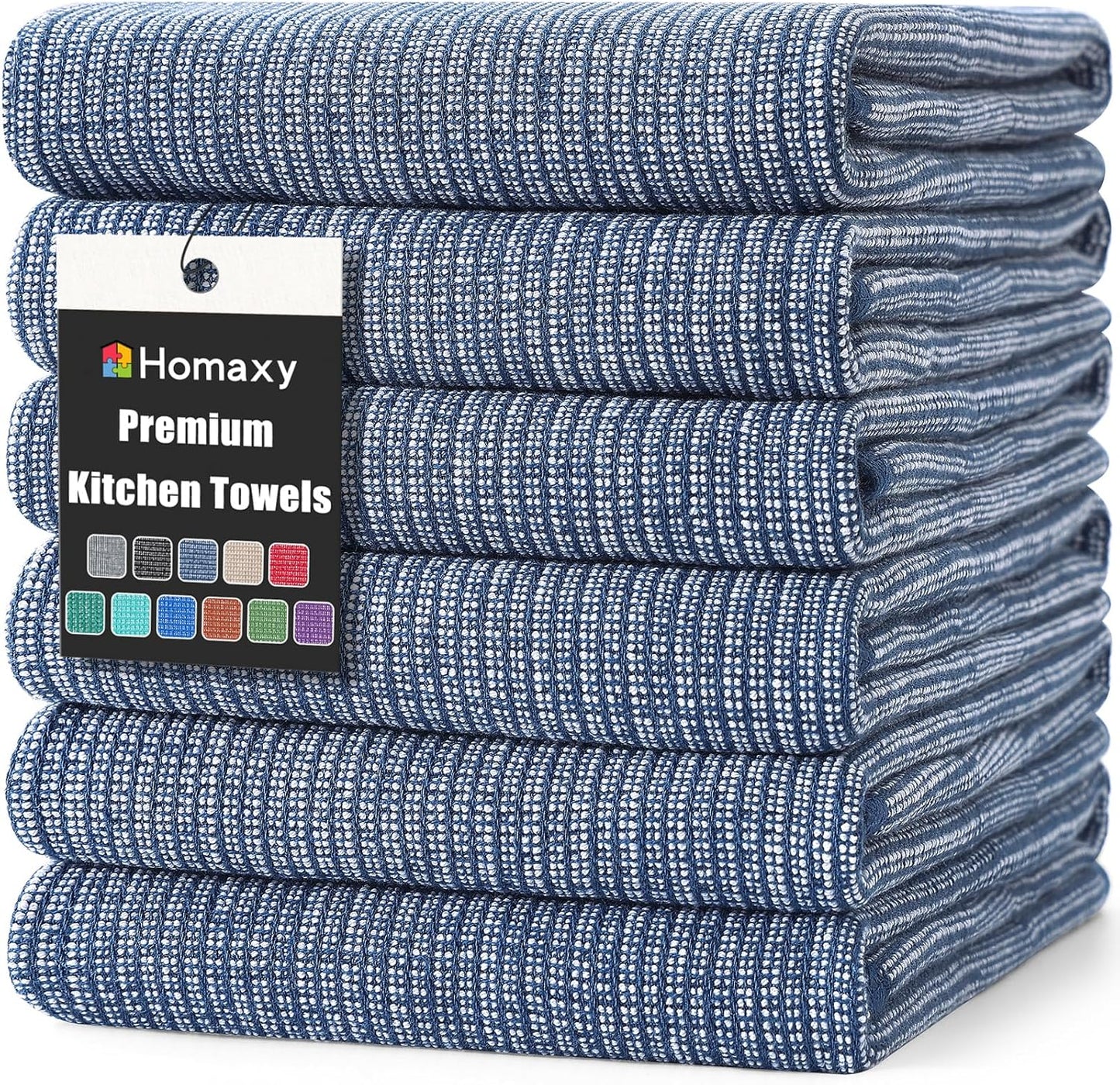 Homaxy Premium Kitchen Towels(18”x 28”, 6 Pack), Large Cotton Kitchen Hand Towels, Flat and Terry Dish Towels, 380 GSM Highly Absorbent Tea Towel Set with Hanging Loop, Navy Blue