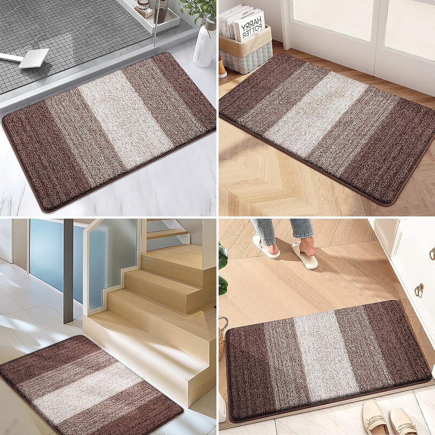 Kitinjoy Indoor Outdoor Door Mat, 47x24 Non-Slip Absorbent Dirt Trapper, Low-Profile Washable Inside Entrance Front Floor Mat, Sturdy Soft Entry Doormats for Entryway, Brown