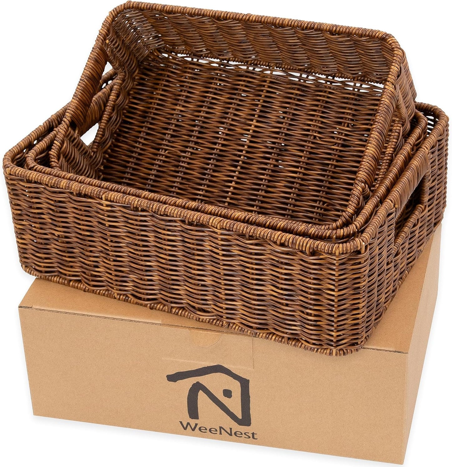 Baskets for Organizing, Undershelf Wicker Storage, Hand Woven Organizer for Closet Organization, Rectangular, Set of 3, Toffee