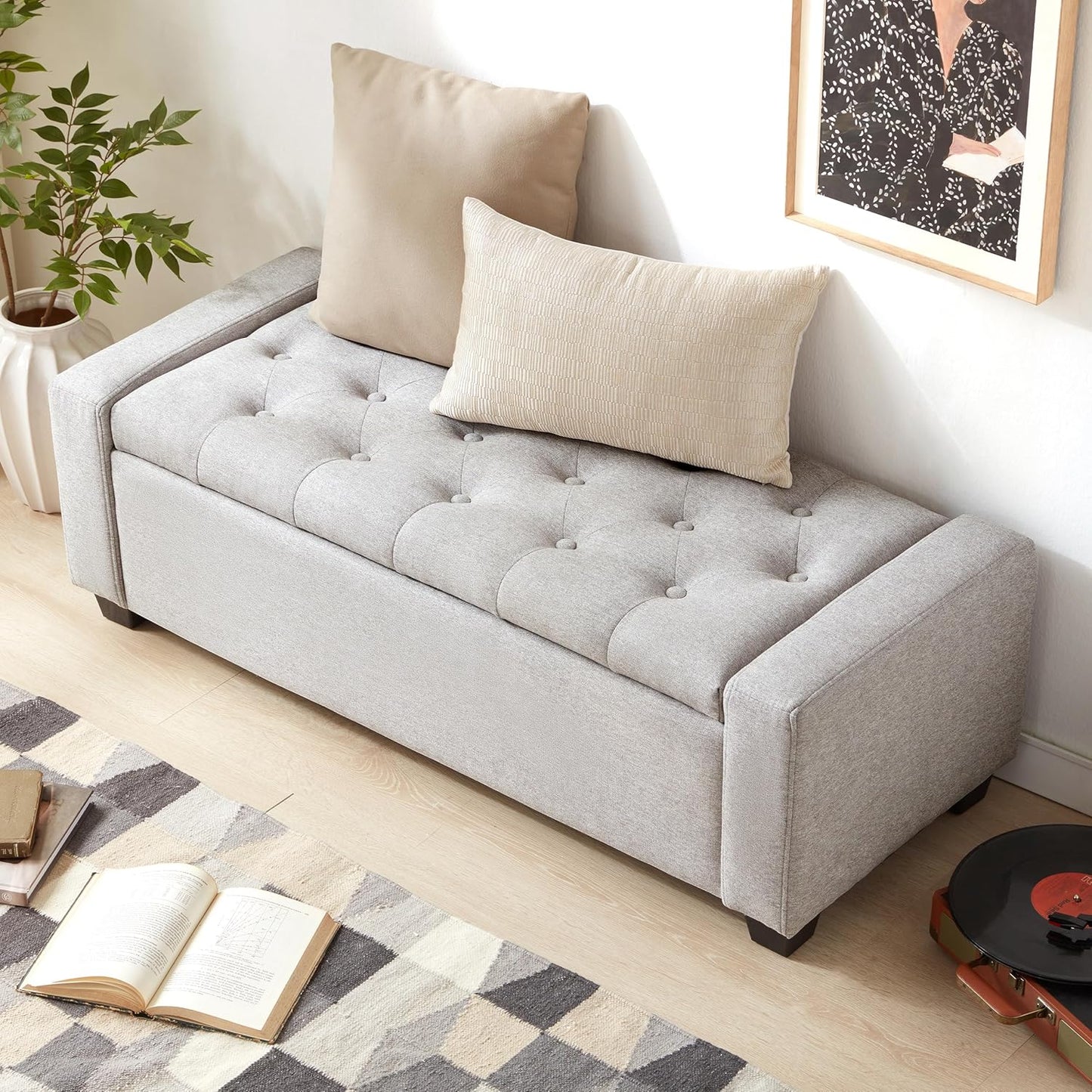 48" Ottoman with Storage, Storage Ottoman Bench with Safety Hinge, Upholstered Entryway Bench with Seating for Bedroom, Living Room, Holds up to 330 lb(Light Gray)