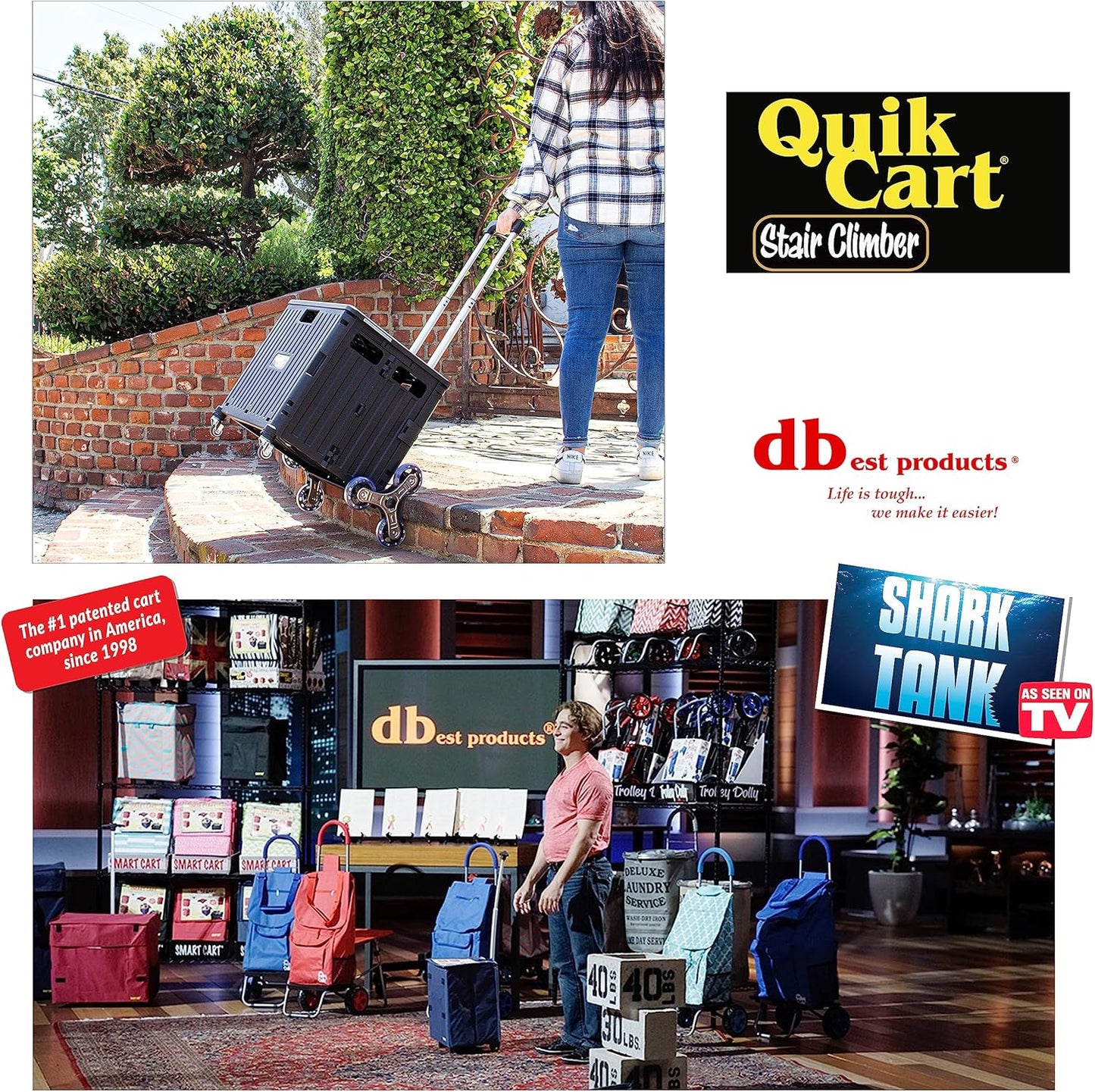 dbest products Quik Cart Stair Climber Wheeled Rolling Crate Teacher Utility with seat Heavy Duty Collapsible Basket with Handle, 18" D x 17" W x 39" H, Black